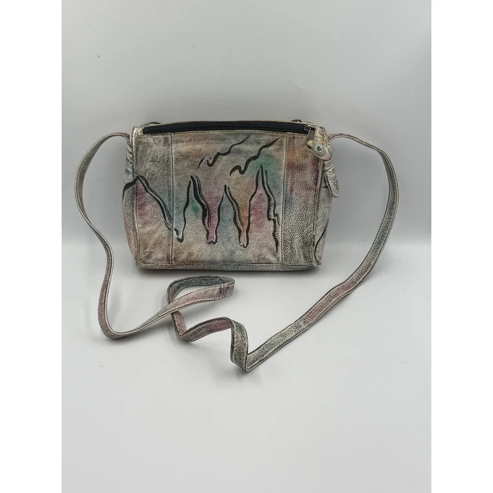 Vintage Botary Abstract Art Leather Crossbody Bag Hand Painted Pockets 90's